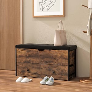 Storage Ottoman Bench Flip Top Wooden Storage Chest with Cushion And 2-Drawers