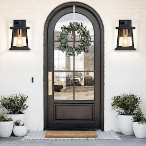 Modern Farmhouse 1-Light Black and Gold Outdoor Wall Lantern Sconce with Clear Glass Shade