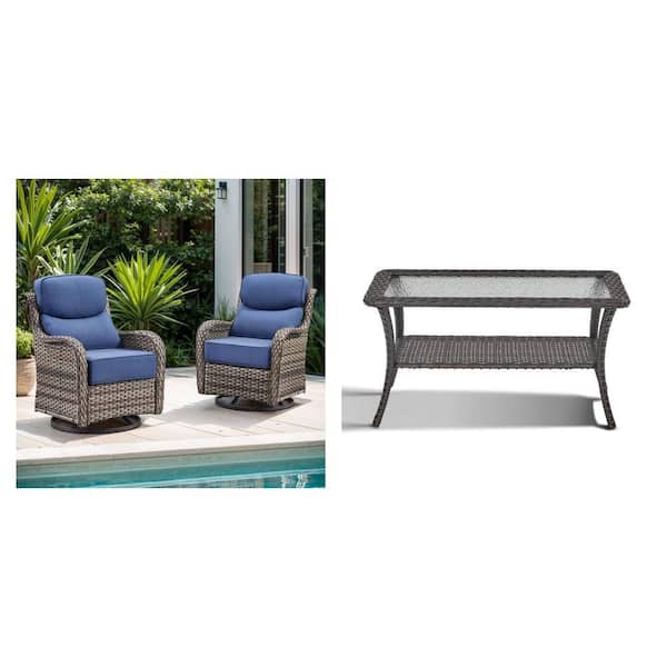 Crescent Moon Wicker Rocking Chair with Blue Cushions (Set 2-Pack) and Brown Rectangle Wicker Side Table