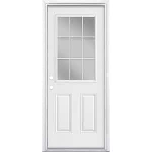 32 in. x 80 in. 9 Lite Internal Grille Right-Hand Inswing Primed White Smooth Fiberglass Prehung Front Door w/ Brickmold