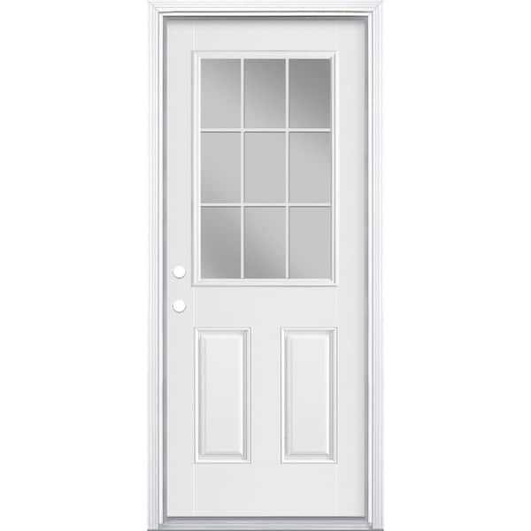 Masonite 32 in. x 80 in. 9 Lite Internal Grille Right-Hand Inswing Primed White Smooth Fiberglass Prehung Front Door w/ Brickmold