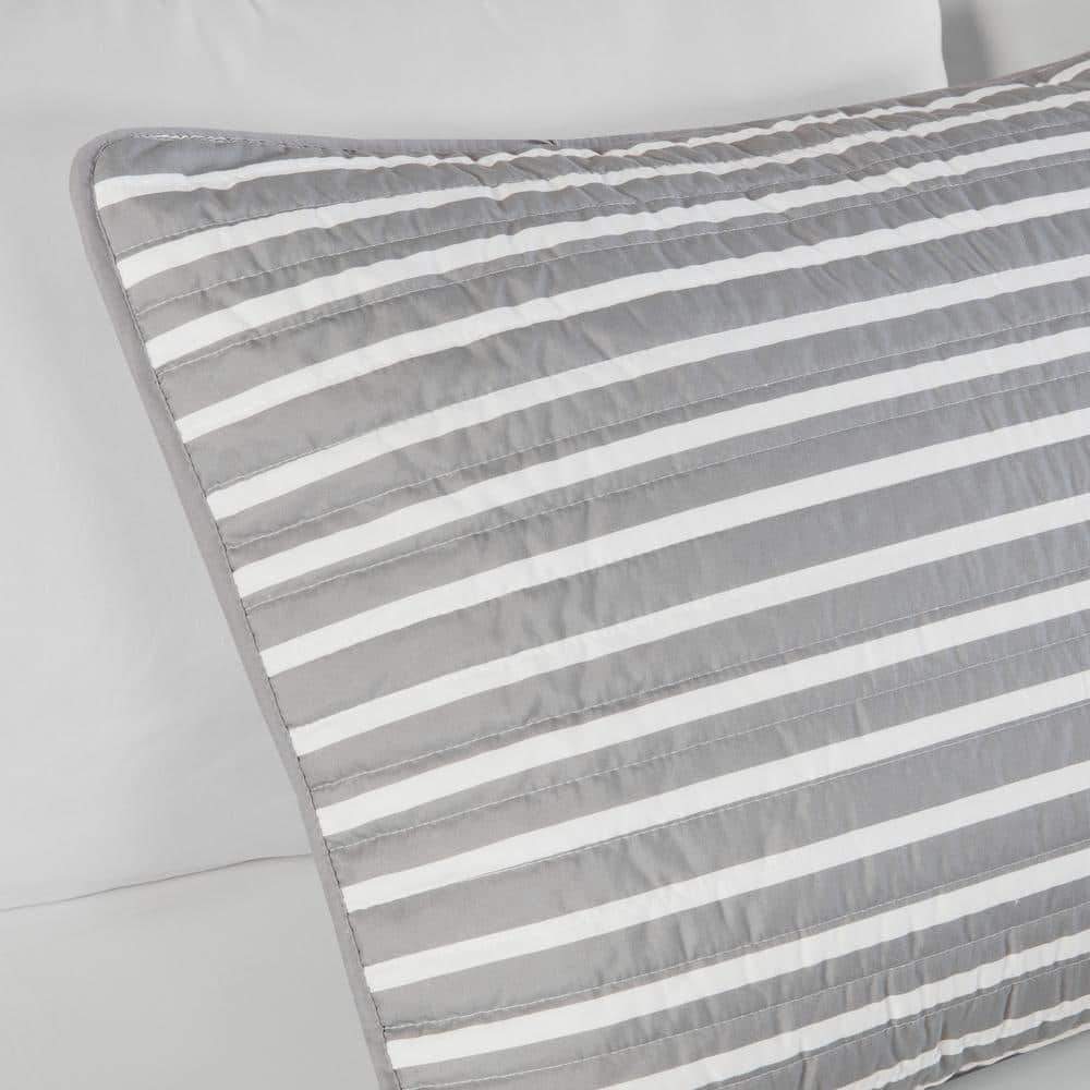 Gray and Blue Striped Reversible Microfiber Quilt Set