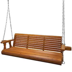 5 ft. Outdoor Wood Porch Swing with Cup Holders, Adjustable Hanging Chains and Spring Hooks, Brown