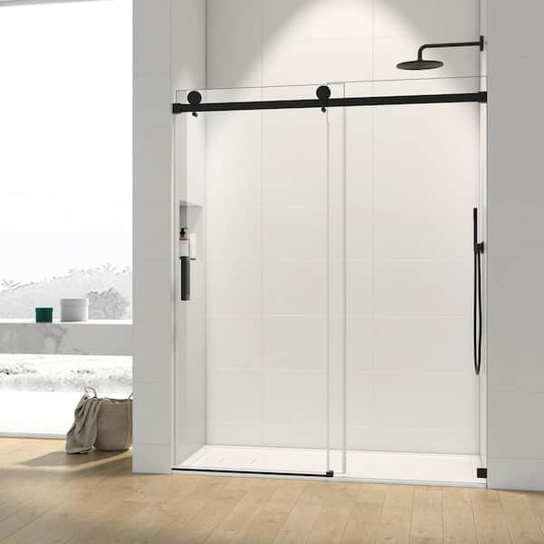 Satico 60 in. W x 76 in. H Single Sliding Frameless Shower Door/Enclosure in Matte Black Finish with Clear Glass