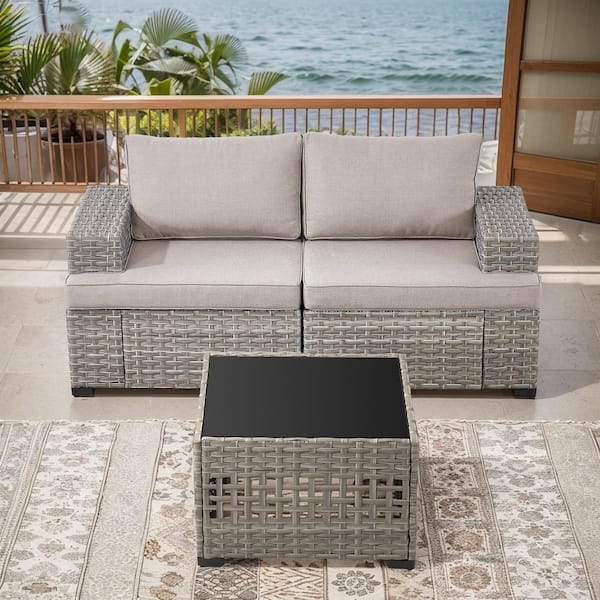 ModNest Taupe 3-Piece Wicker Patio Conversation Set, Modular Left and Right Chairs with Beige Cushions and Coffee Table