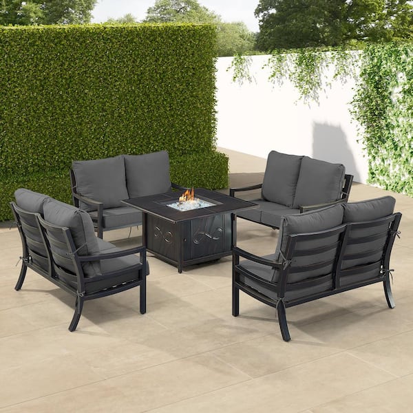 Oakland Living Black 6-Piece Aluminum Patio Fire Pit with 4-Deep Seating Loveseat Black Cushions