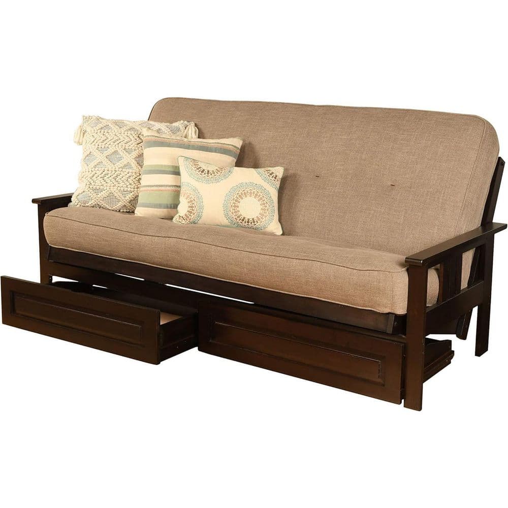 79 in. Espresso/Linen Stone Linen Upholstered Full Size Futon Set with Mattress and Storage Drawers