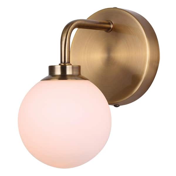 CANARM Asher 1-Light Gold Wall Sconce with Opal Glass Shade