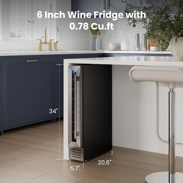 6 in. Single Zone Built-in/Freestanding 7 Bottle Wine Cooler with Adjustable Shelves in Stainless Steel (Left-Hinged)