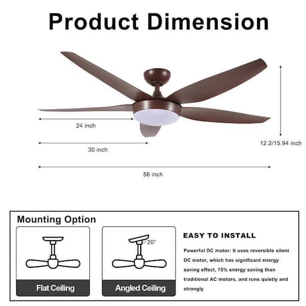 56 in. Reddish Brown Indoor Ceiling Fan with Light Remote Control Quiet DC Motor 5 ABS Blade 6 Speed Levels