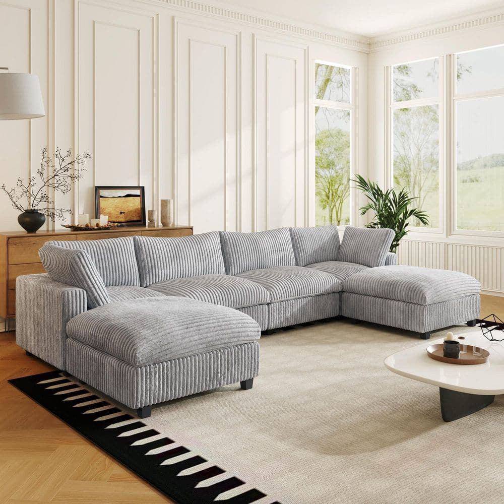 157.48 in. Rabbit Plush Fabric Square Arm 6-Piece Modular Free Combination Sectional Sofa in. Gray