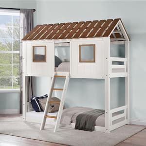 Inara 46 in. White and Rustic Oak Finish Twin bunk beds