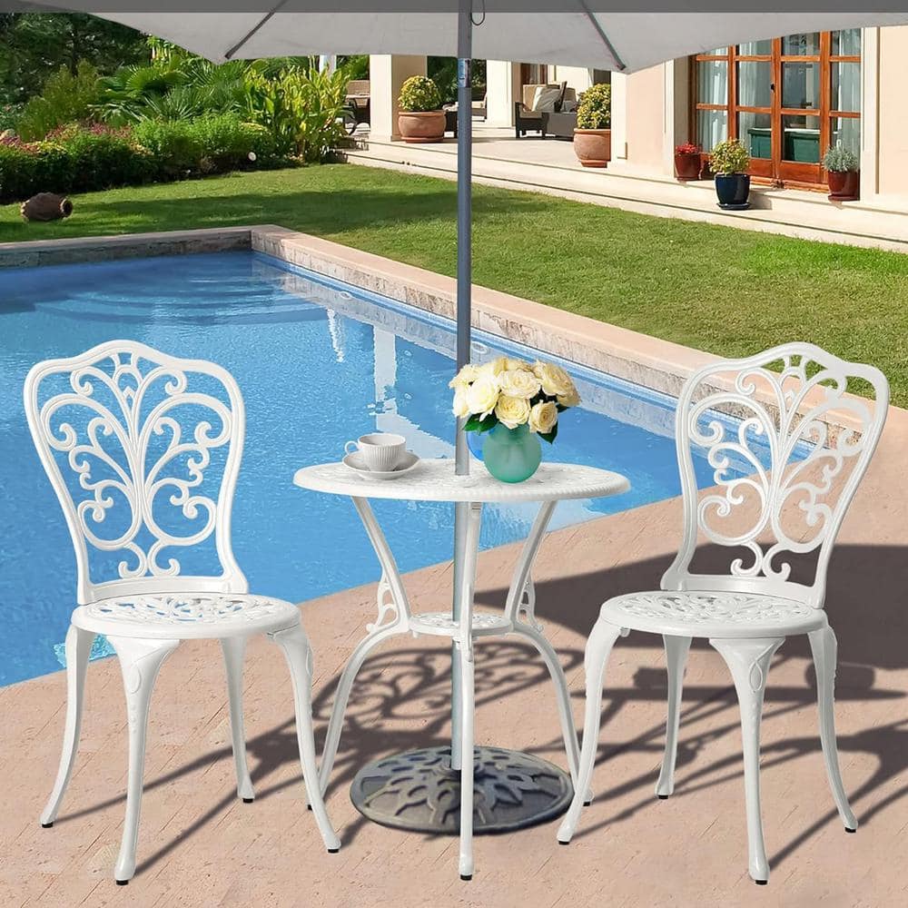White Cast Aluminum Floral Bistro Set with Iron Legs