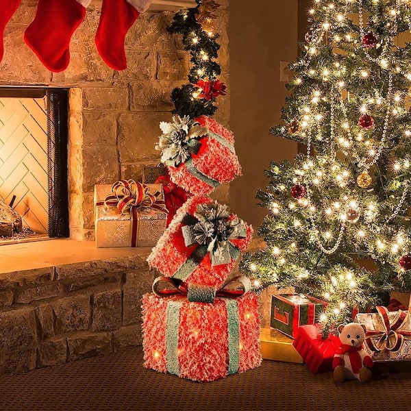 LuxenHome 31.89 in. H Red Frosted Gift Boxes with Battery Operated