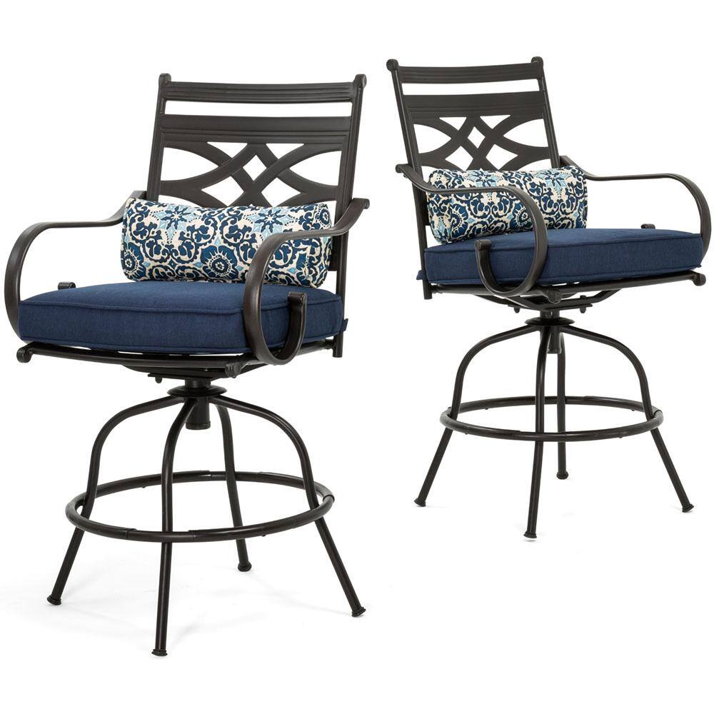 Hanover Montclair 5 Piece Steel Outdoor Bar Height Dining Set With Navy Blue Cushions 4 Swivel 