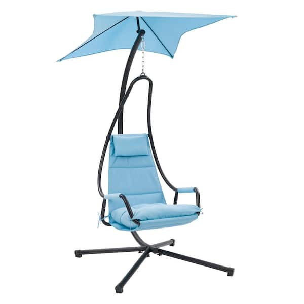 CorLiving Kinsley Metal Outdoor Chaise Lounge Chair with Canopy in Light Blue Cushion