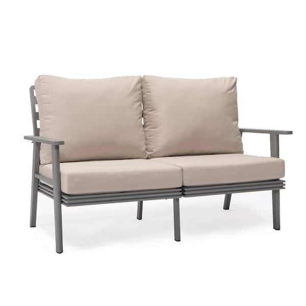 Leisuremod Walbrooke Modern Patio Loveseat with Grey Aluminum Frame and Beige Removable Cushions