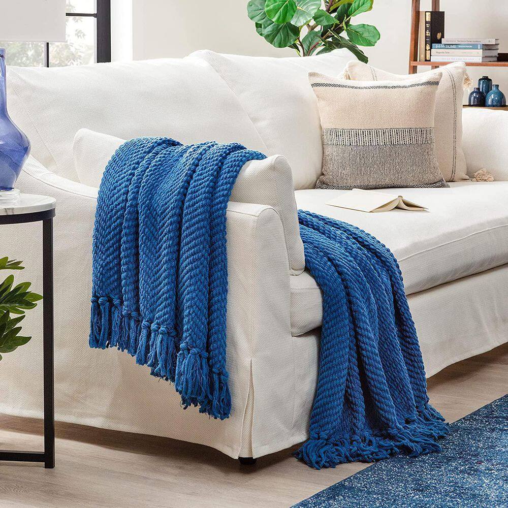 Cerulean Blue Knitted Acrylic Throw Blanket with Tassels - 50" x 65"