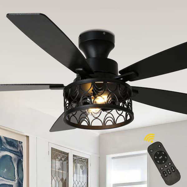 52 in. Standard Black Farmhouse Ceiling Fan with Light and Remote, Flush Mount Industrial Caged DC Motor Ceiling Fan