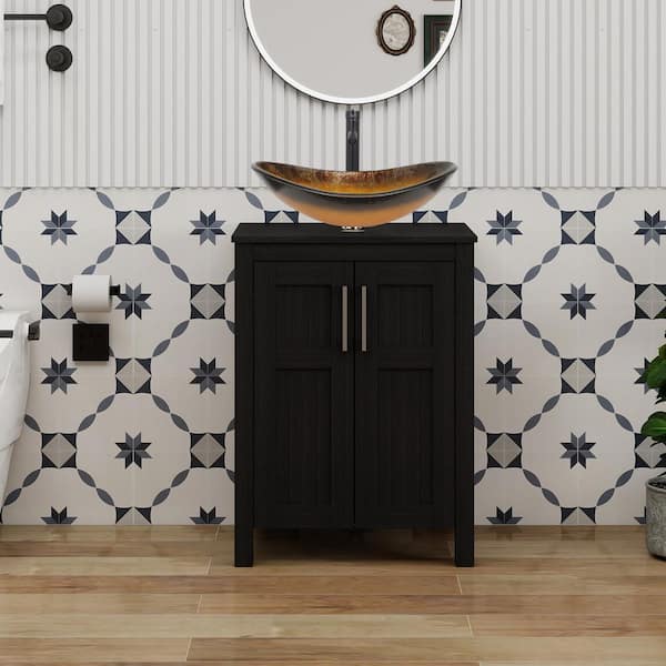24 in. W x 18.1 in. D x 31.7 in. H Single Sink Black Bath Vanity with Black Solid Surface Top Gold/Black Sink