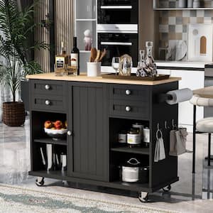 Black 52.8 in. W x 18.5 in. D x 36.4 in. H Kitchen Island Cart on 5-Wheels with Spice Rack, Towel Rack and Drawer