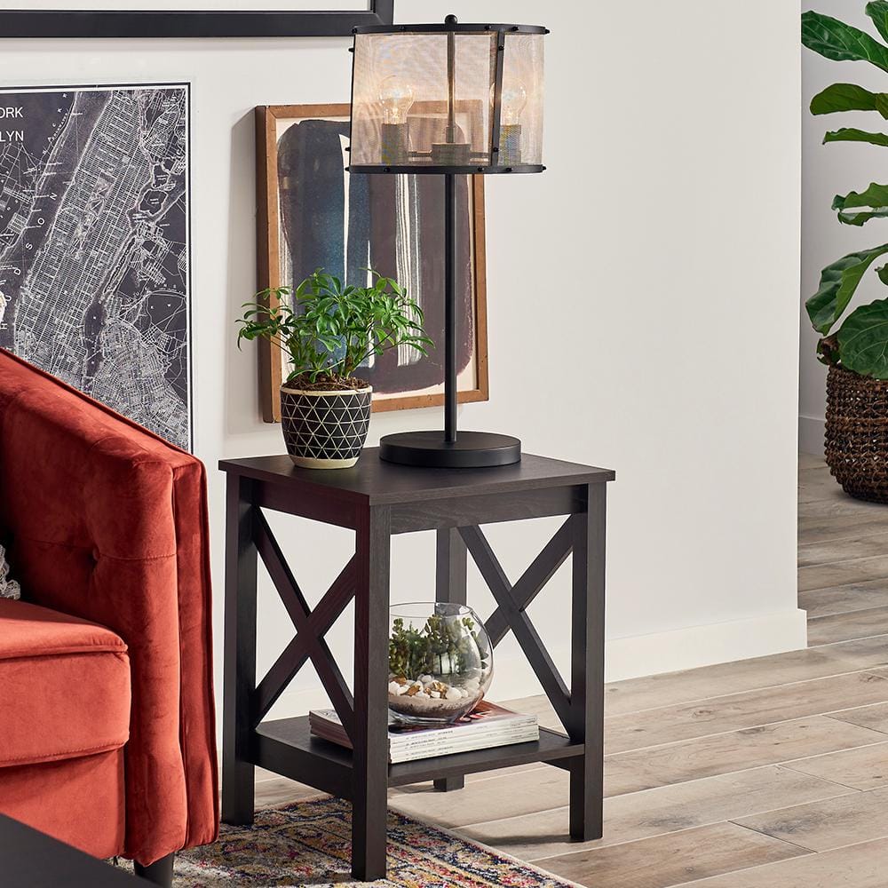 Rectangular X-Frame Dark-Brown Wood End Table with Two Shelves