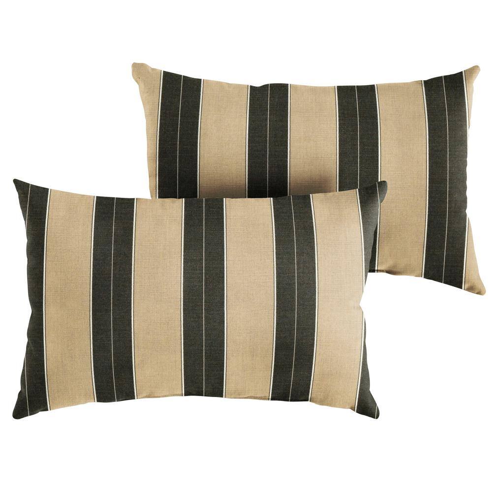 Sunbrella Beige Black Stripe Rectangular Outdoor Knife Edge Lumbar Pillows 