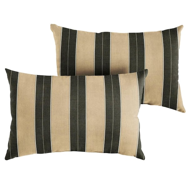 SORRA HOME Sunbrella Beige Black Stripe Rectangular Outdoor Knife Edge Lumbar Pillows (2-Pack)