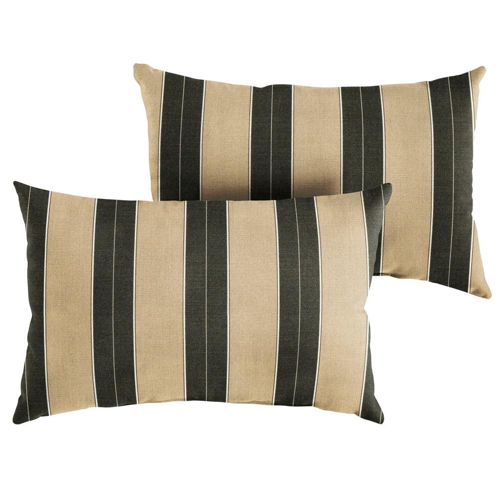 Sunbrella Beige Black Stripe Rectangular Outdoor Knife Edge Lumbar Pillows 
