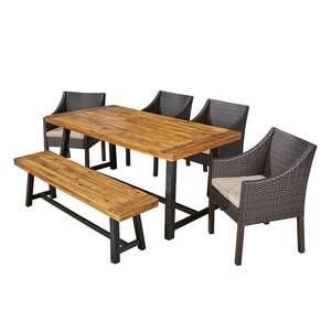 Calero Sandblast Teak Brown 6-Piece Wood and Multi-Brown Faux Rattan Outdoor Dining Set with Beige Cushions