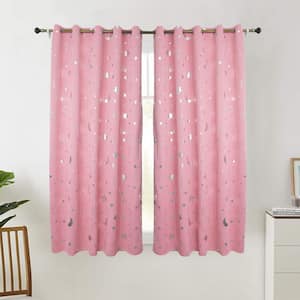 Silver Star Printed Pink 52 in. W x 84 in. L Blackout Curtain for Kids Room (2-Panels)