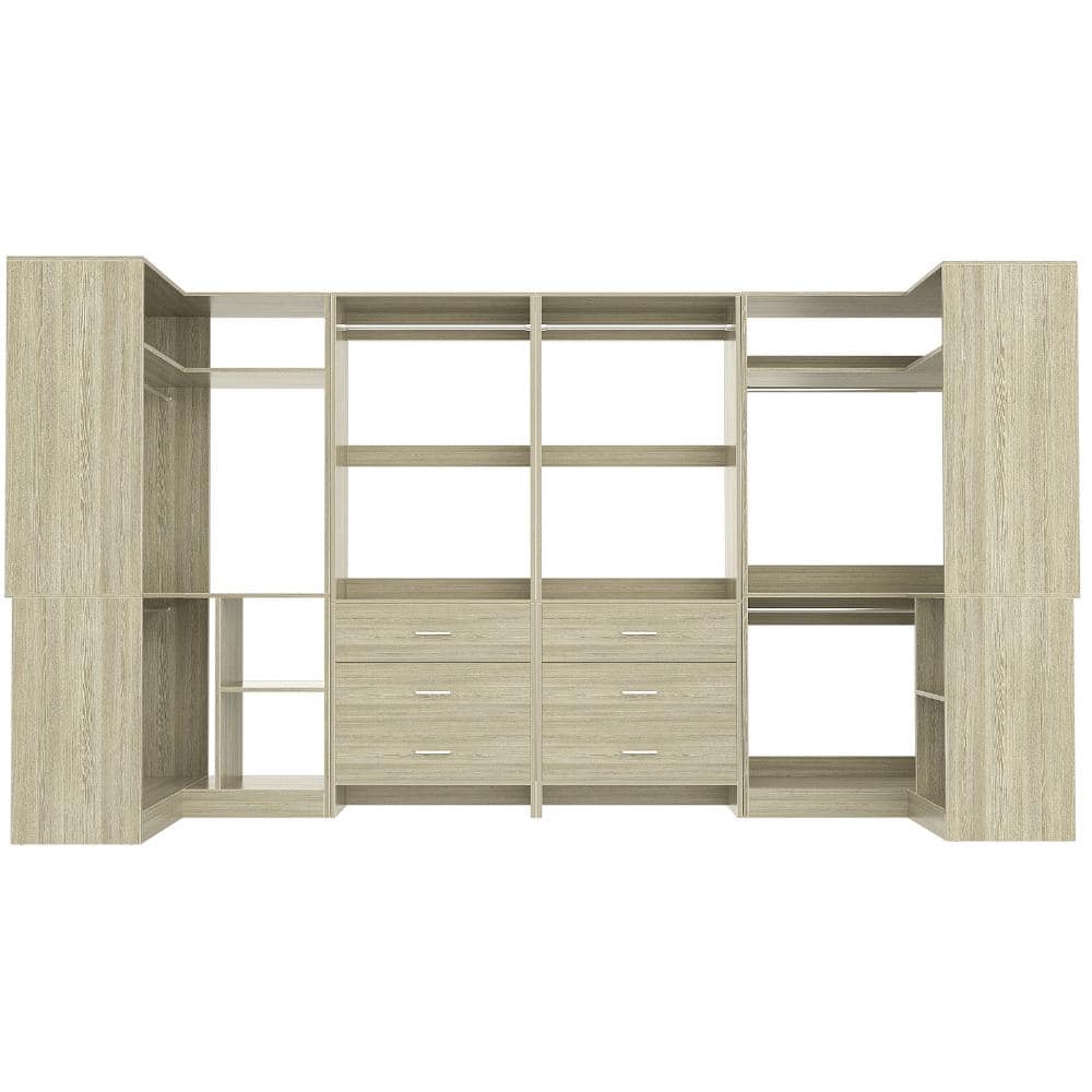 112.5-in U-Shaped Walk-In Closet Systems with 6 Drawers & 6 Hanging Rods & Corner Tower Set of 4 White Oak
