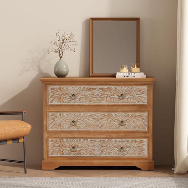 Jasper Boho 39.75 in. 3-Drawer Natural and White Carved Wood Dresser Chest of Drawers with Floral Accents