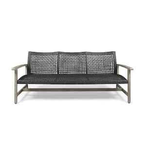 Wood plus Wicker Outdoor 3-Person Sectional Set for Backyard Patio Garden Grey