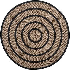 Braided Beige/Black 6 ft. x 6 ft. Round Border Area Rug