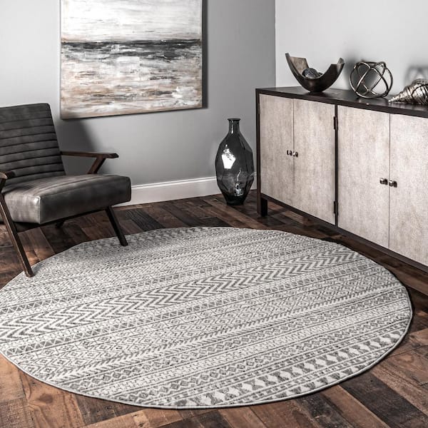 Catherine Henna Tribal Bands Gray 8 ft. x 8 ft. Round Area Rug