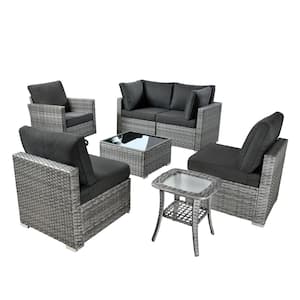 Sanibel Gray 7-Piece Wicker Patio Conversation Sofa Sectional Set with a Swivel Chair and Black Cushions