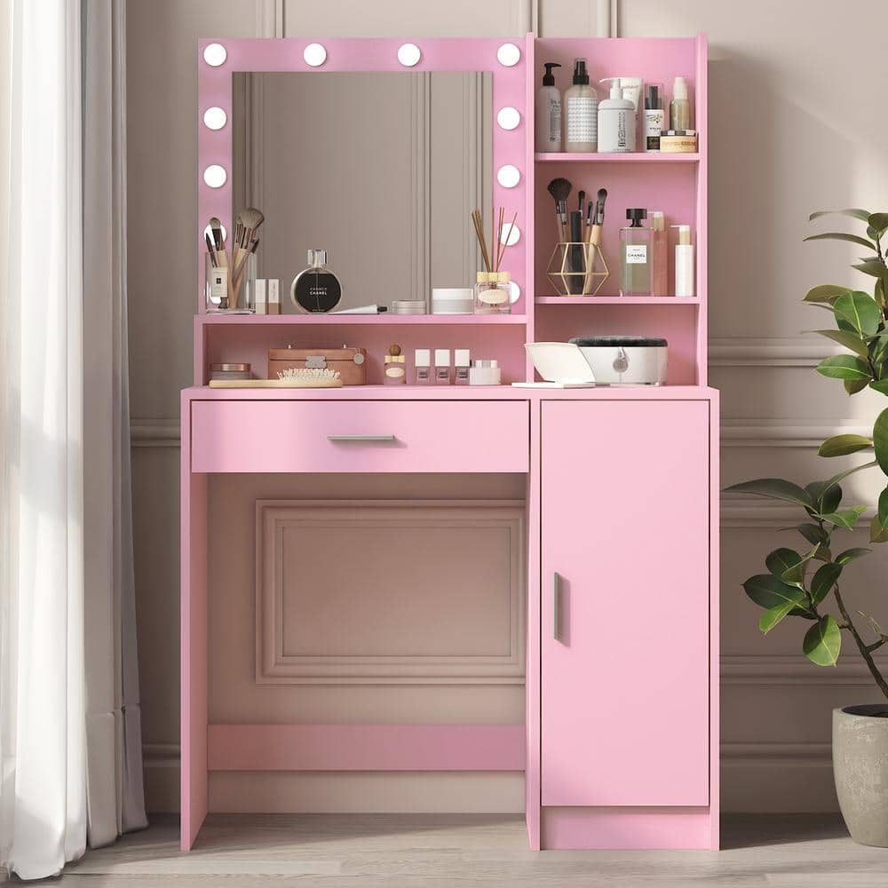 Pink Particle Board Makeup Vanity Desk Vanity Table Dressing Table with Mir