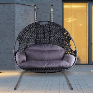 2-Person in Black Wicker Rattan Patio Swin with Stand for Patio Bedroom Balcony, 550 lbs. Capacity Oversized Hammock