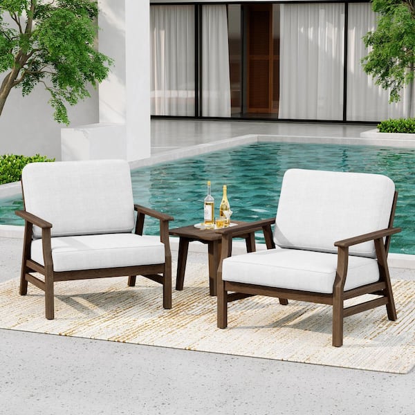 Teak Finish Outdoor Patio Lounge Chairs with Beige Cushion (2-Pack)
