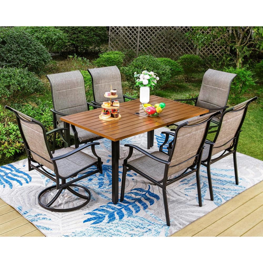 PHI VILLA 7-Piece Metal Outdoor Patio Dining Set with Brown Rectangle Slat  Table-Top and Padded Swivel Rocker Texitilene Chair THD7-155116117 - The 
