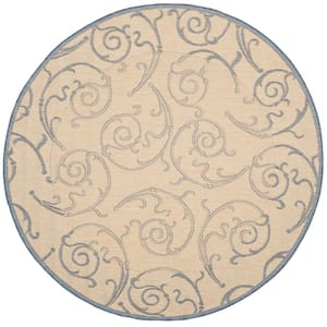 Courtyard Natural/Blue 5 ft. x 5 ft. Round Border Indoor/Outdoor Patio  Area Rug