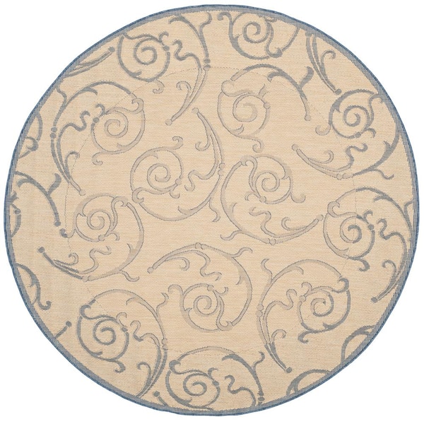 SAFAVIEH Courtyard Natural/Blue 5 ft. x 5 ft. Round Border Indoor/Outdoor Patio  Area Rug