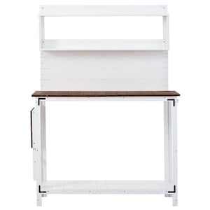 65 in. Garden Wood Workstation Backyard Potting Bench Table with Shelves Side Hook and Foldable Side Table in White