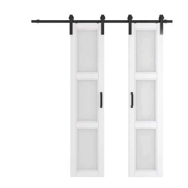 Double Sliding 36 in. x 84 in., 2 Panel, 3 Lite frosted Glass, White, Finished, MDF, Barn Door Slab