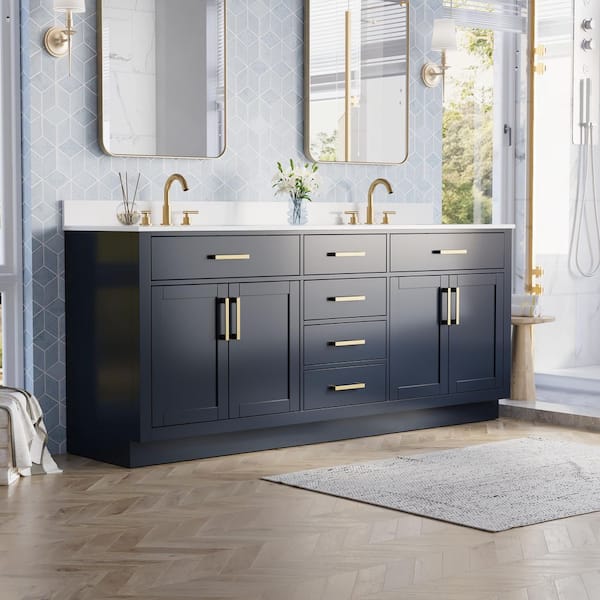80 in. Double Sink Freestanding Solid Wood Bath Vanity in Navy Blue with White Quartz Top, Soft-Close, Full Assembled