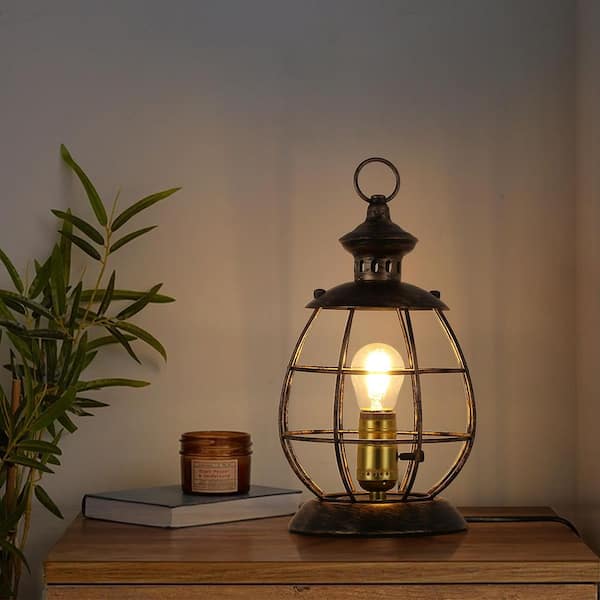Farmhouse 11 in. Brass LED Table Lamp, Reading Bedside Desk Light for Living Room with Cage Shade and Switch