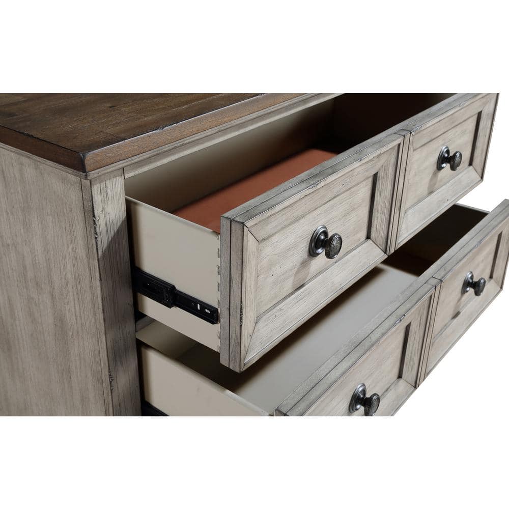 Vintage Creme Acacia Wood 5-Drawer Chest with Walnut Top