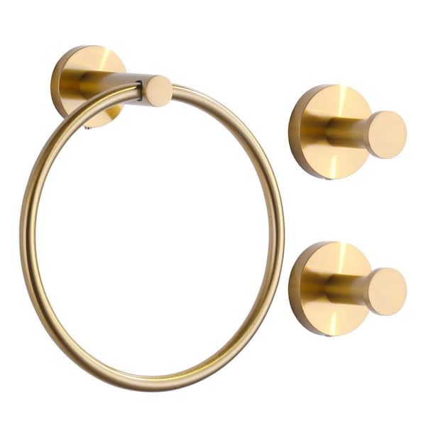 3-Piece Bath Hardware Set with Mounting Hardware with Towel Ring and Hooks in Brushed Gold