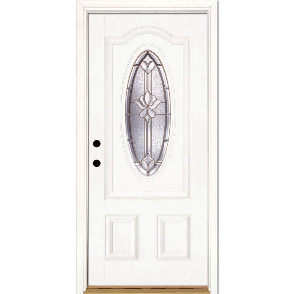 Feather River Doors 37.5 in. x 81.625 in. Medina Brass 3/4 Oval Lite Unfinished Smooth Right-Hand Inswing Fiberglass Prehung Front Door, Smooth White- Ready to Paint -  131105